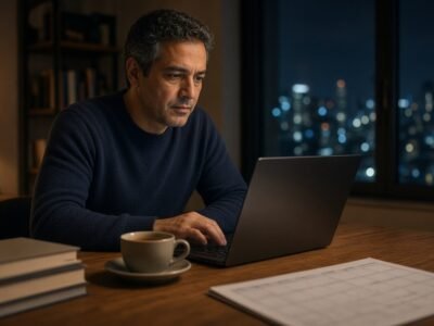 Renda fixa até o 2º turno: investidor revisa carteira no laptop à noite